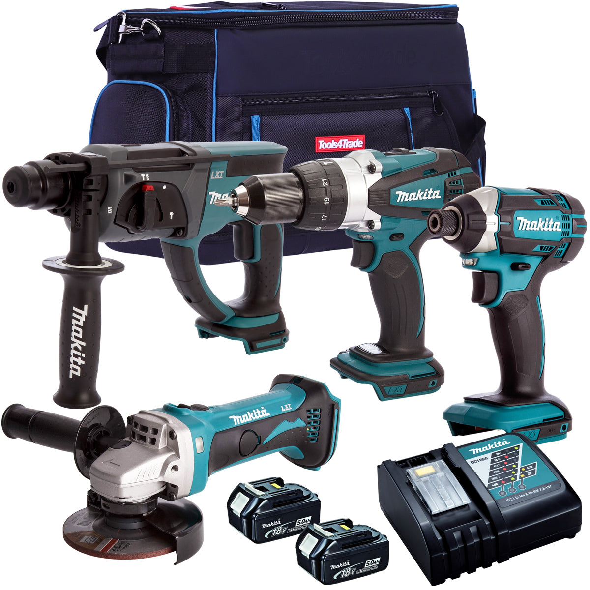 Makita 4 Piece 18V Li-ion with 2 x 5.0Ah Batteries & Charger T4TKIT-152