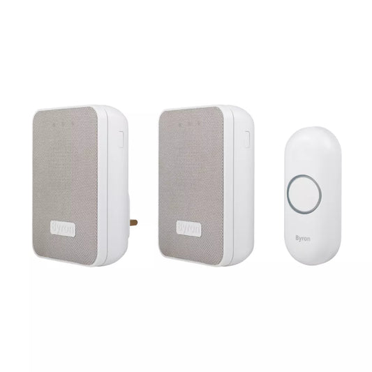 BYRON DBY-22324UK BATTERY-POWERED WIRELESS PORTABLE & PLUG-IN DOORBELLS WHITE / GREY