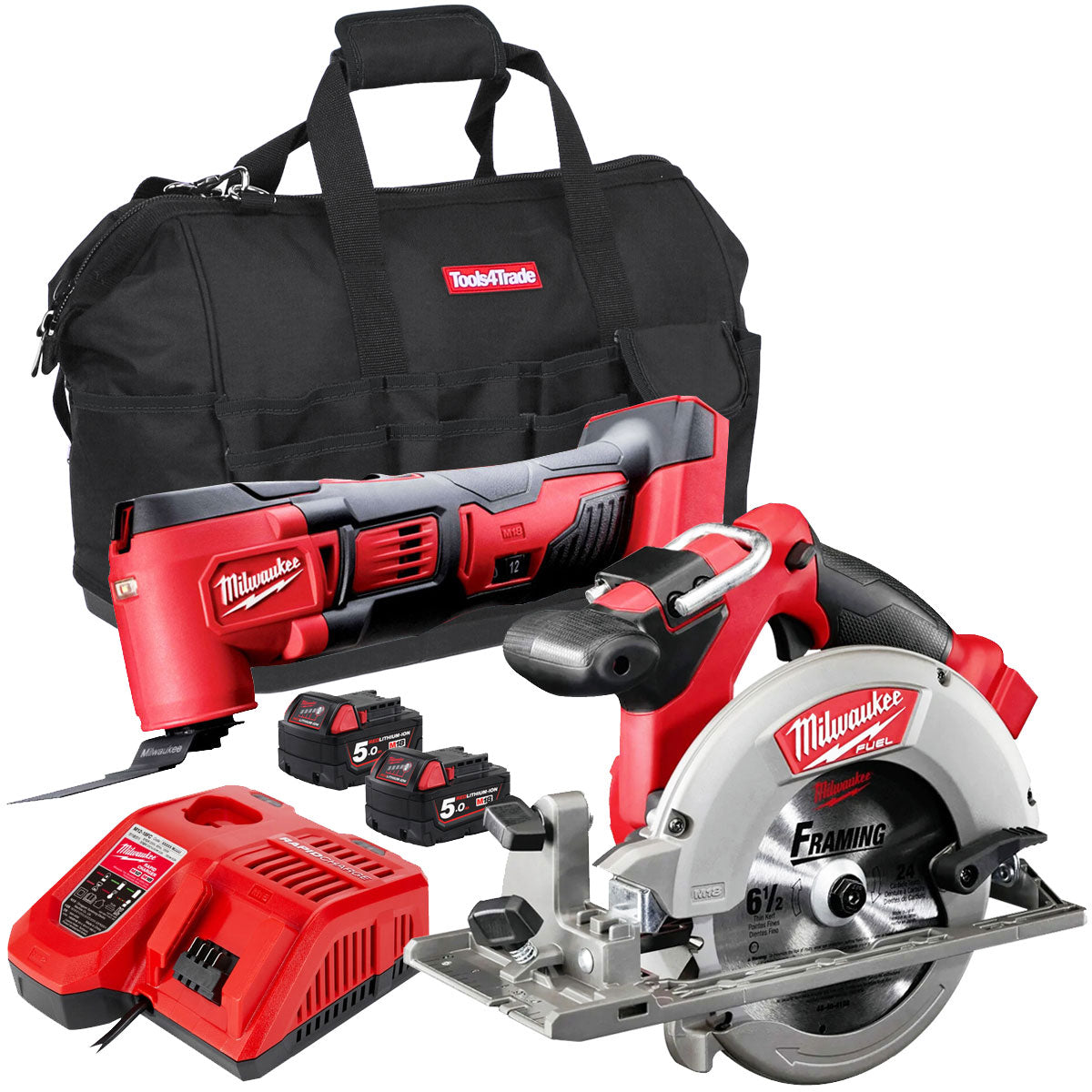 Milwaukee 18V Multi Tool + Circular Saw With 2 x 5.0Ah Batteries & Charger In Bag T4TKIT-162