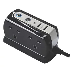 MASTERPLUG 13A 4-GANG UNSWITCHED SURGE-PROTECTED EXTENSION LEAD + 2.1A 2-OUTLET TYPE A USB CHARGER GLOSS BLACK 1M