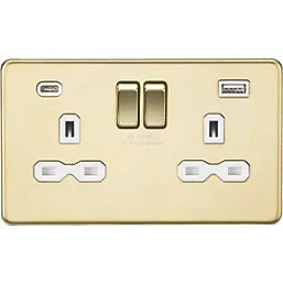 KNIGHTSBRIDGE 13A 2-GANG SP SWITCHED SOCKET + 4.0A 20W 2-OUTLET TYPE A & C USB CHARGER POLISHED BRASS WITH WHITE INSERTS