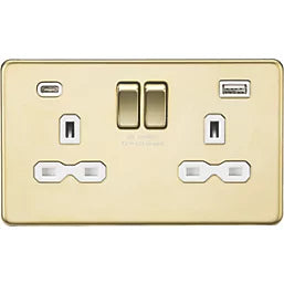 KNIGHTSBRIDGE 13A 2-GANG SP SWITCHED SOCKET + 4.0A 20W 2-OUTLET TYPE A & C USB CHARGER POLISHED BRASS WITH WHITE INSERTS (542PY)