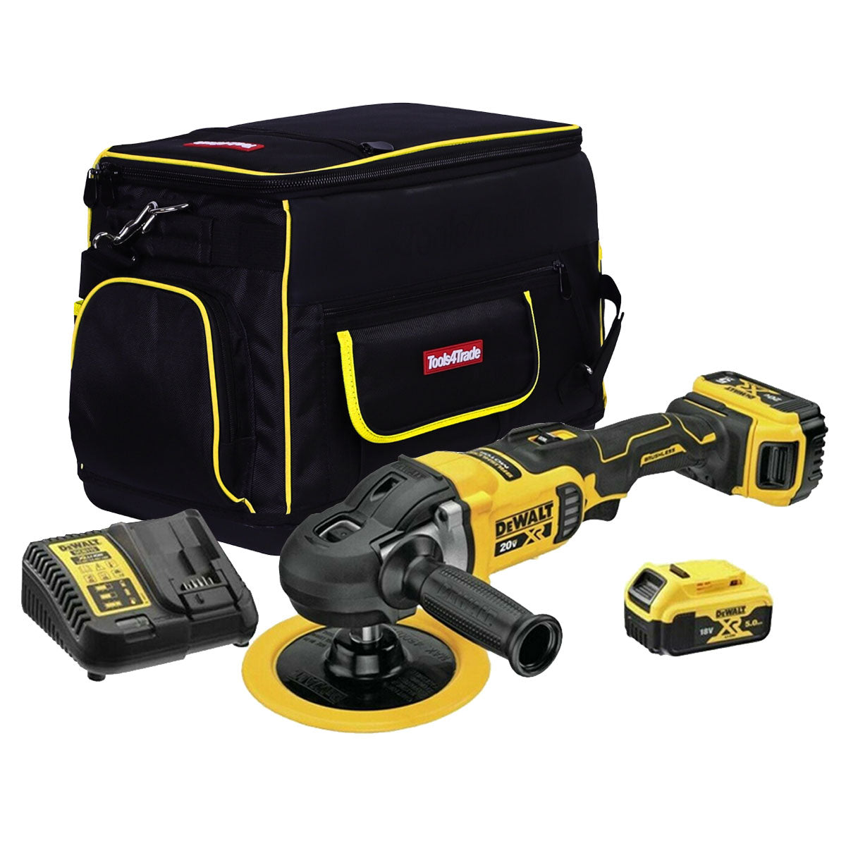 Dewalt DCM849P2 18V Brushless XR Rotary Polisher With 2 x 5.0Ah Batteries Charger & Bag