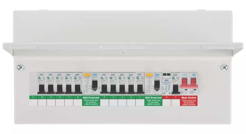 BRITISH GENERAL FORTRESS 19-MODULE 10-WAY POPULATED HIGH INTEGRITY DUAL RCD CONSUMER UNIT WITH SPD