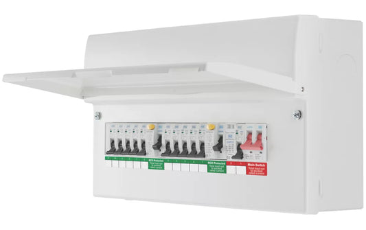 BRITISH GENERAL FORTRESS 19-MODULE 10-WAY POPULATED HIGH INTEGRITY DUAL RCD CONSUMER UNIT WITH SPD (627KR)