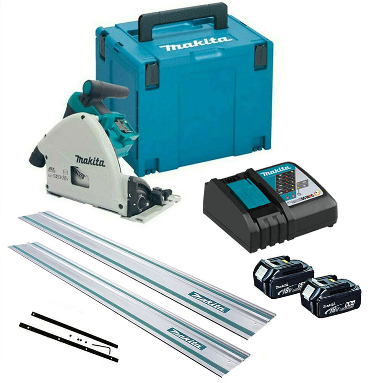 Makita DSP600TJ 36V Brushless Plunge Saw with 2 x 5.0Ah Batteries Charger + 2 x Guide Rail & Connector