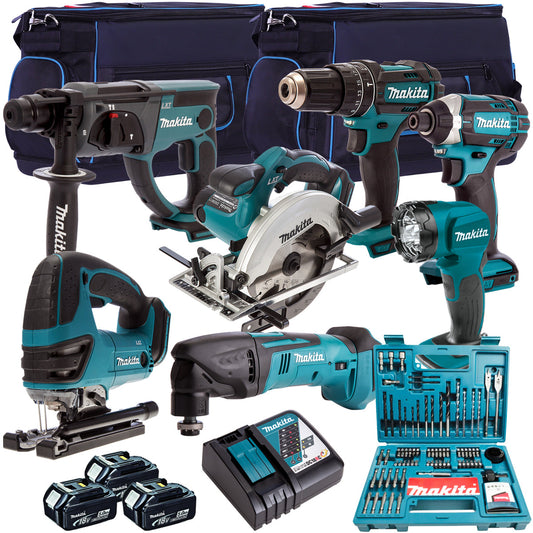 Makita 18V 7 Piece Power Tool Kit with 3 x 5.0Ah Battery Charger Bag & 100 Piece Bit Set T4TKIT-610