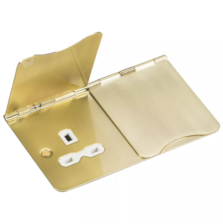 KNIGHTSBRIDGE FPR9UBBW 13A 2-GANG UNSWITCHED FLOOR SOCKET BRUSHED BRASS WITH WHITE INSERTS