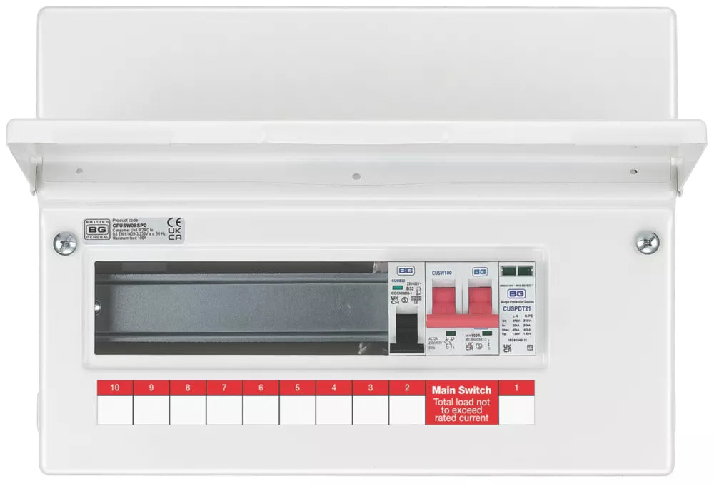 BRITISH GENERAL FORTRESS 12-MODULE 8-WAY POPULATED MAIN SWITCH CONSUMER UNIT