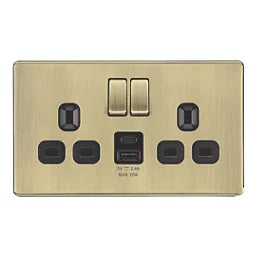 LAP 13A 2-GANG SP SWITCHED SOCKET + 2.4A 12W 2-OUTLET TYPE A & C USB CHARGER ANTIQUE BRASS WITH BLACK INSERTS (729PN)