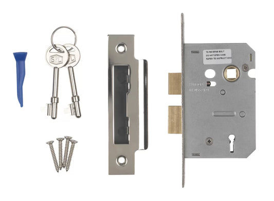 SMITH & LOCKE FIRE RATED 3 LEVER NICKEL-PLATED MORTICE SASHLOCK 65MM CASE - 44MM BACKSET