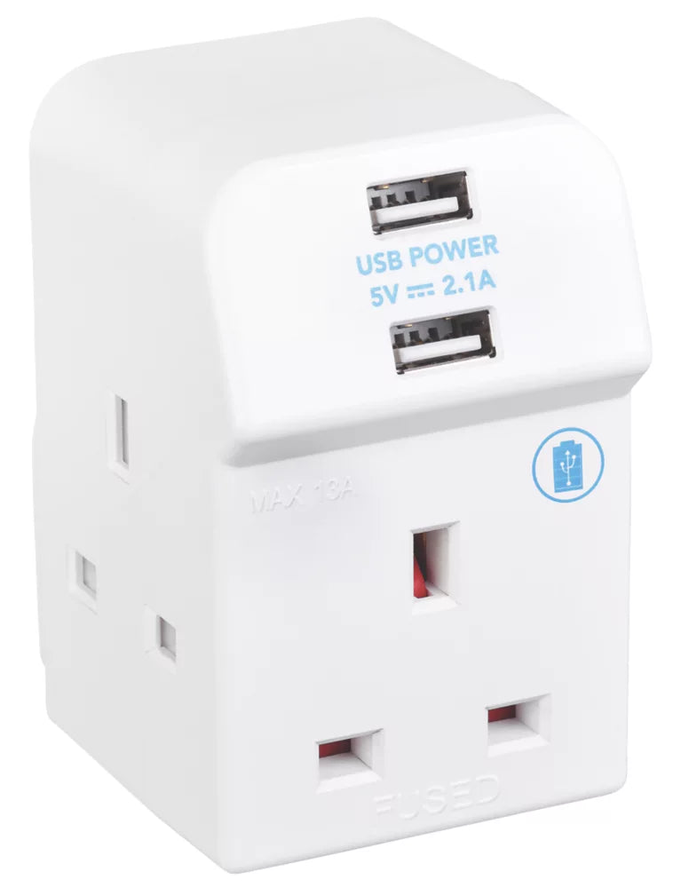 MASTERPLUG 13A FUSED 3-WAY SOCKET ADAPTOR + 2.1A 2-OUTLET TYPE A USB CHARGER WHITE