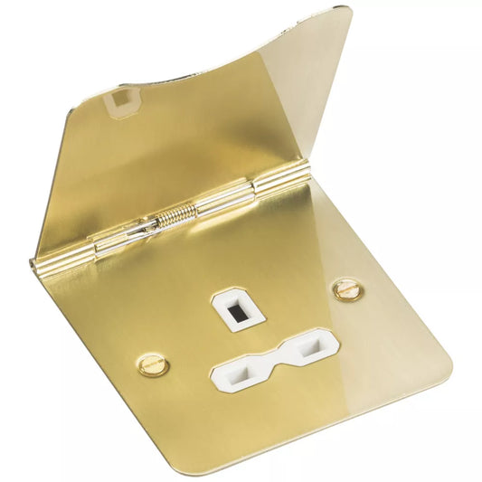 KNIGHTSBRIDGE FPR7UBBW 13A 1-GANG UNSWITCHED FLOOR SOCKET BRUSHED BRASS WITH WHITE INSERTS (771VF)