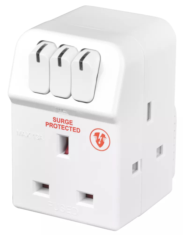 MASTERPLUG 13A FUSED 3-WAY SURGE-PROTECTED PLUG ADAPTOR WHITE