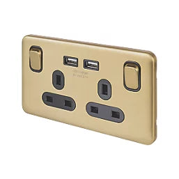 SCHNEIDER ELECTRIC LISSE DECO 13A 2-GANG SP SWITCHED PLUG SOCKET SATIN BRASS WITH BLACK INSERTS (198FF)