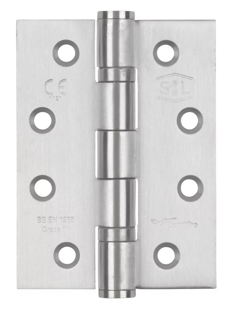 SMITH & LOCKE SATIN STAINLESS STEEL GRADE 11 FIRE RATED BALL BEARING HINGES 102MM X 76MM 3 PACK