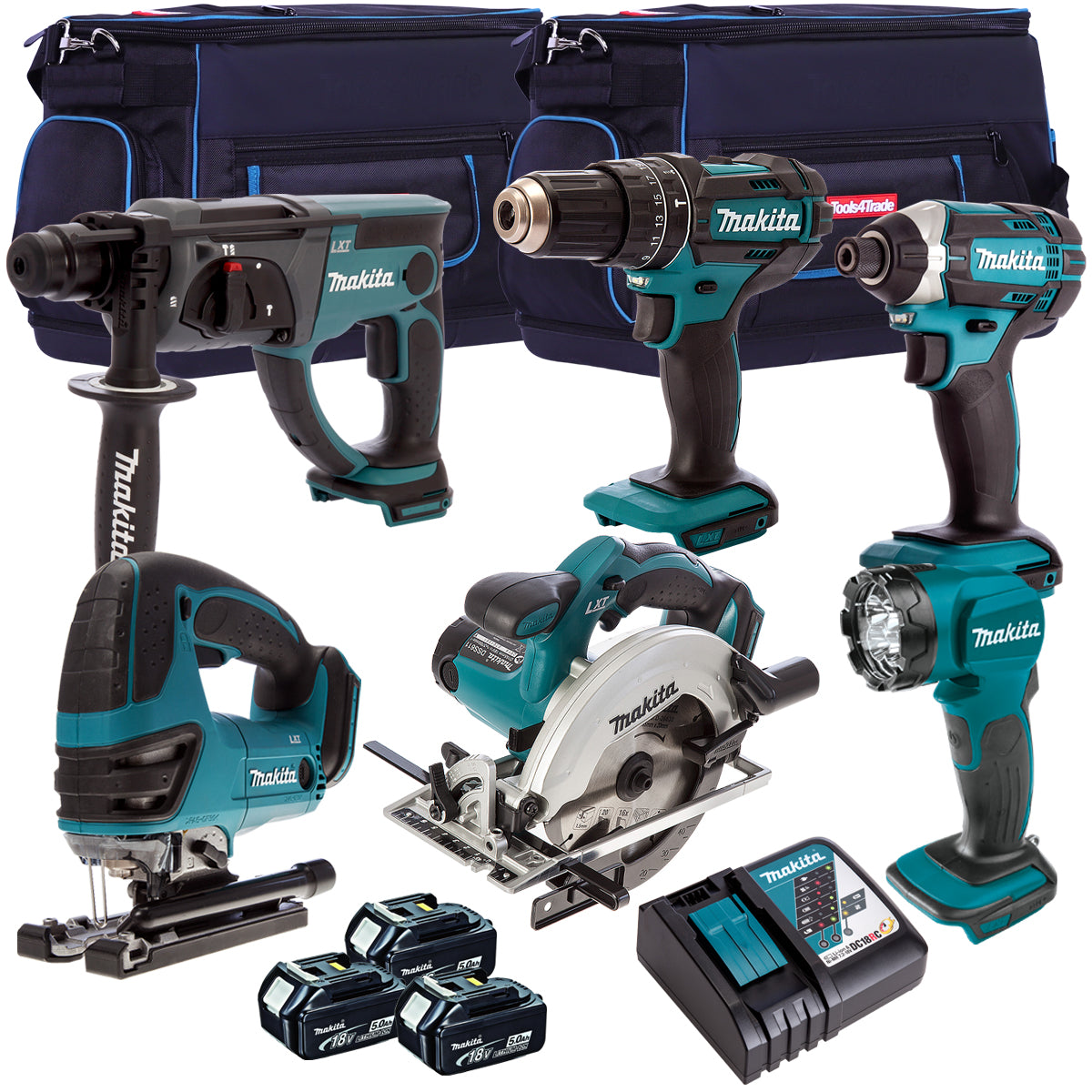 Makita 18V 6 Piece Cordless Power Tool Kit with 3 x 5.0Ah Battery Charger & Bag T4TKIT-225