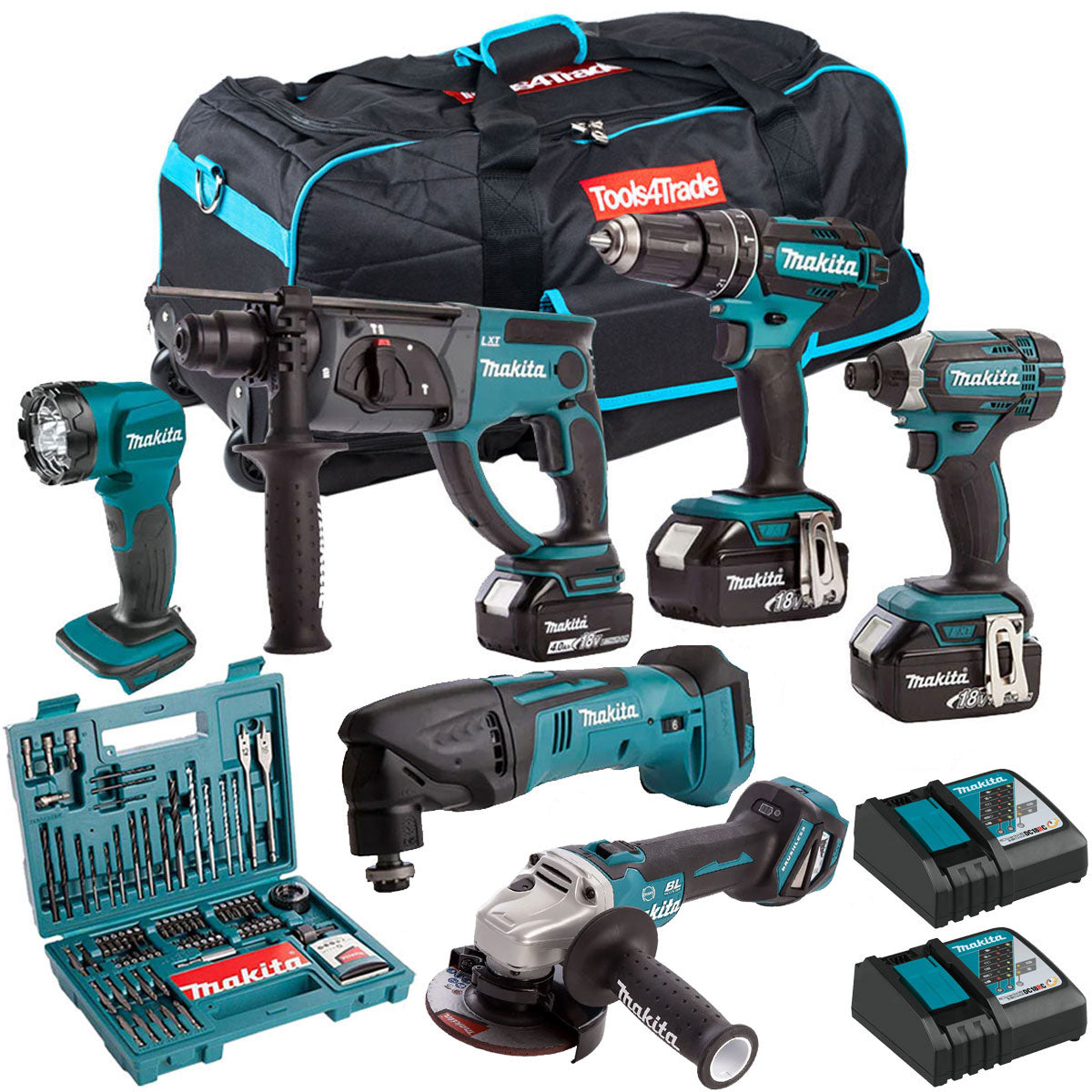 Makita 18V 6 Piece Cordless Kit with 3 x 5.0Ah Batteries & 100 Piece Bit Set T4TKIT-17