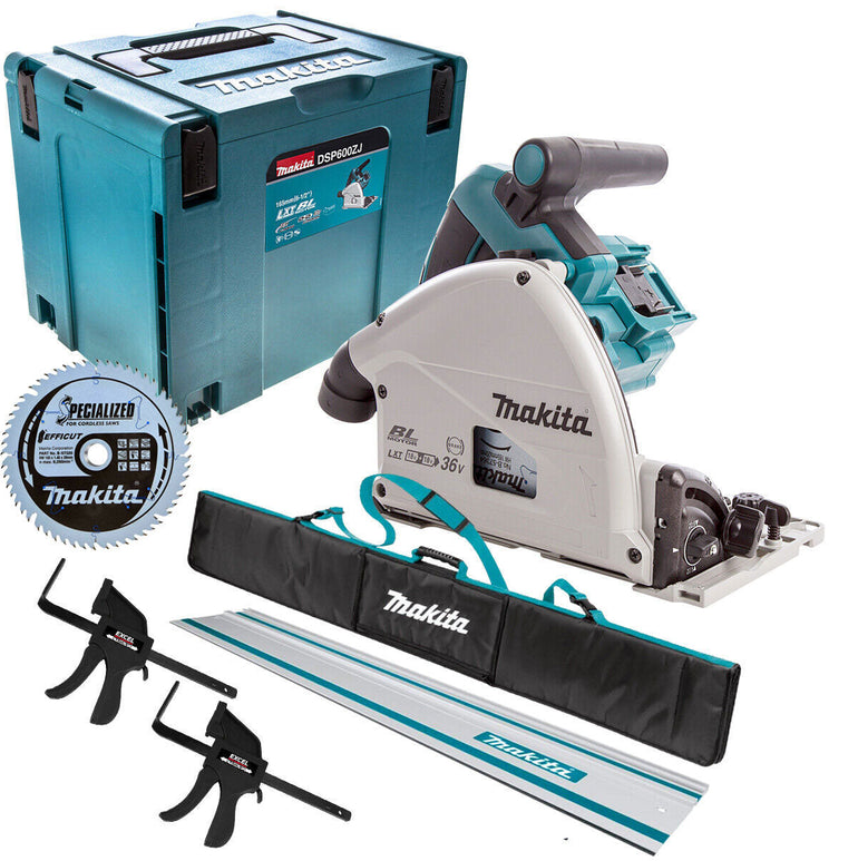 Makita DSP600ZJ 36V Brushless 165mm Plunge Saw with 1x1.5m Guide Rail+Clamp+Bag+Blade