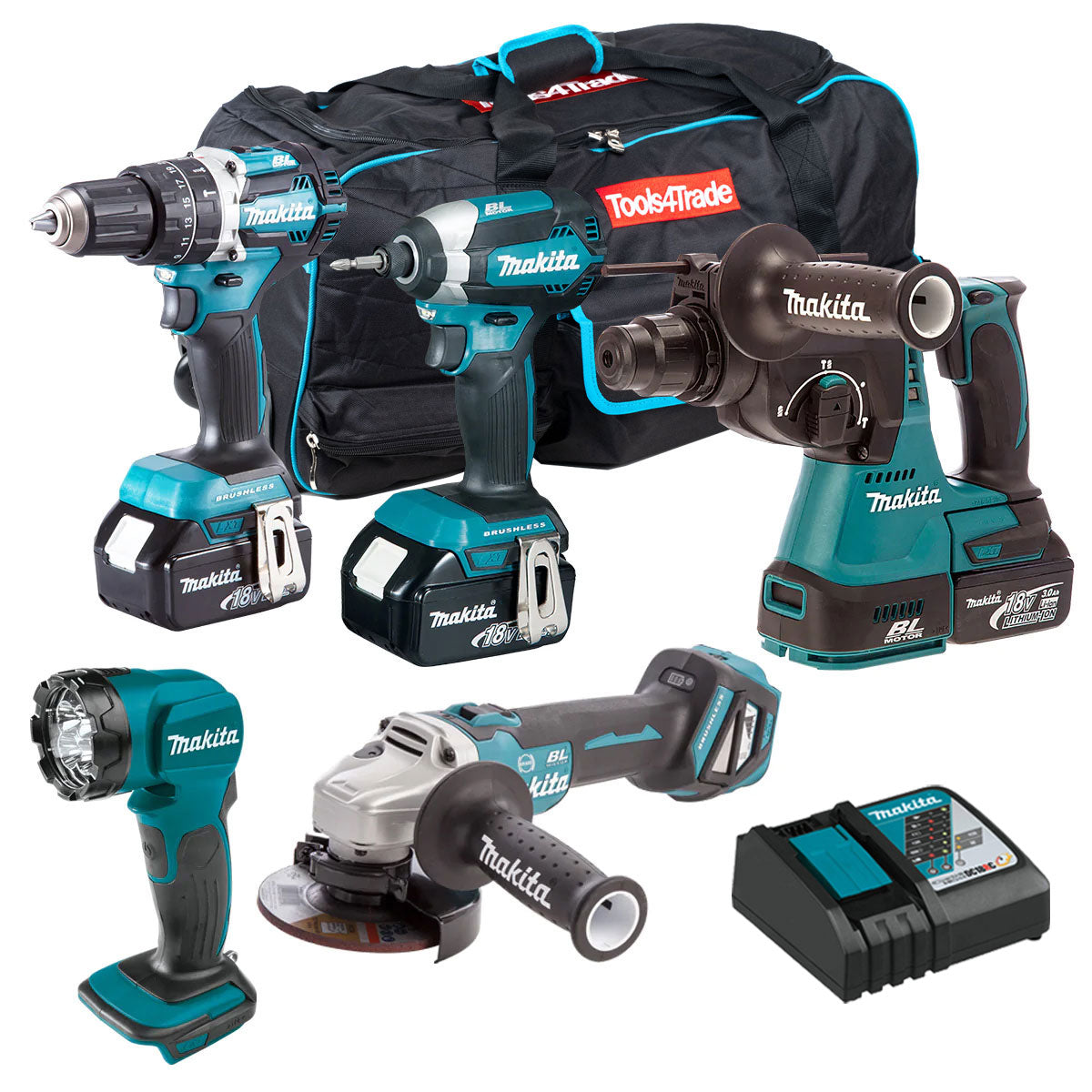 Makita 18V 5 Piece Tool Kit 3 x 5.0Ah Batteries & Charger T4TKIT-6572