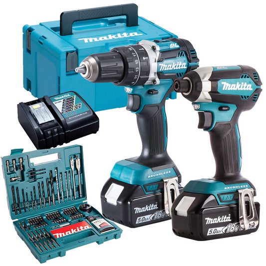 Makita DLX2180TJ 18V Brushless Twin Kit With 2 x 5.0Ah Batteries, Charger & 100 Piece Drill Set