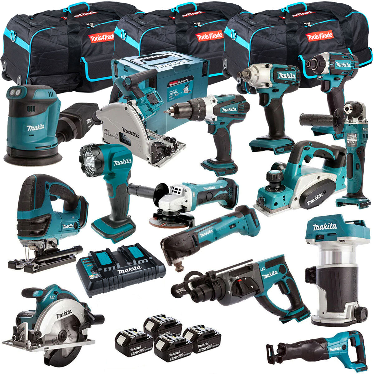 Makita 18V 15 Piece Power Tool Kit with 4 x 5Ah Battery Charger & 3 x Bag T4TKIT-1600