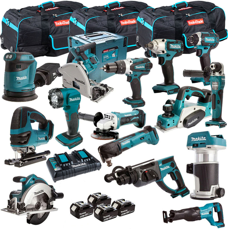 Makita 18V 15 Piece Power Tool Kit with 4 x 5Ah Battery Charger & 3 x Bag T4TKIT-1600