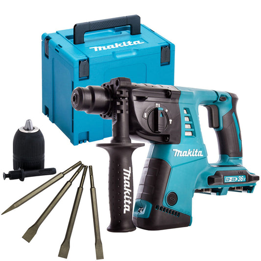 Makita DHR263ZJ 36V SDS+ Hammer Drill with 4 Piece Chisel Set & Keyless Chuck