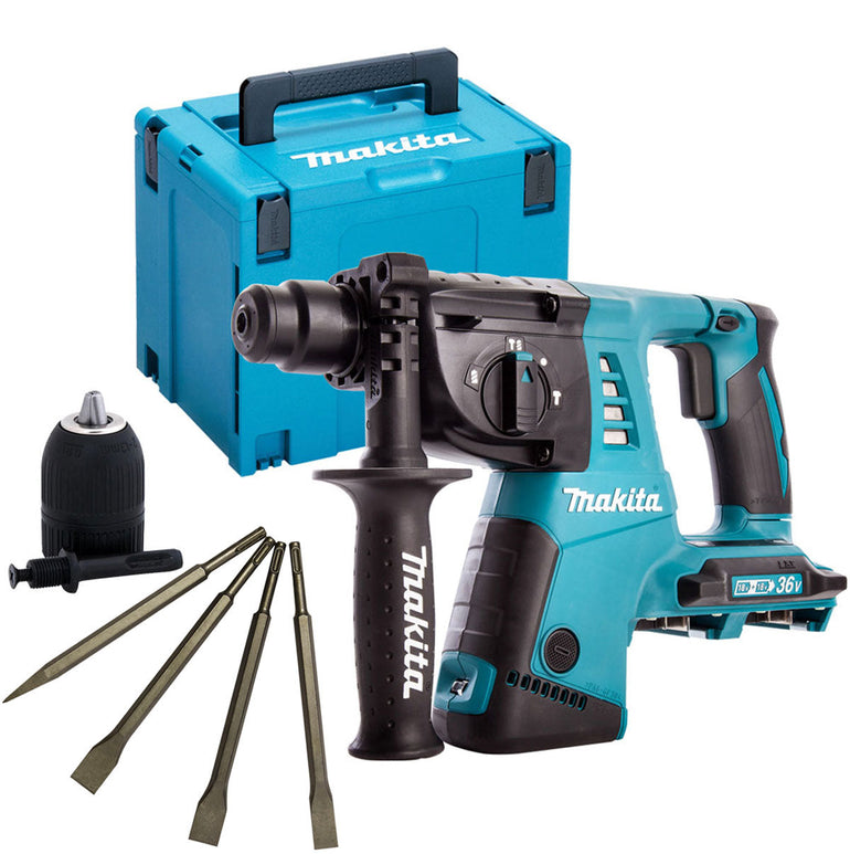 Makita DHR263ZJ 36V SDS+ Hammer Drill with 4 Piece Chisel Set & Keyless Chuck