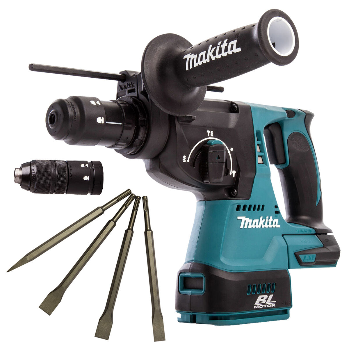 Makita DHR243Z 18V Brushless 24mm SDS+ Rotary Hammer Drill & 4 Piece Chisel Set