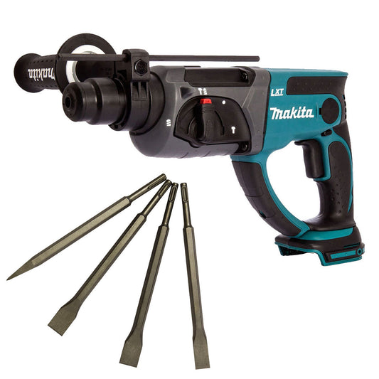 Makita DHR202Z 18V Cordless SDS+ Rotary Hammer Drill with 4 Piece Chisel Set