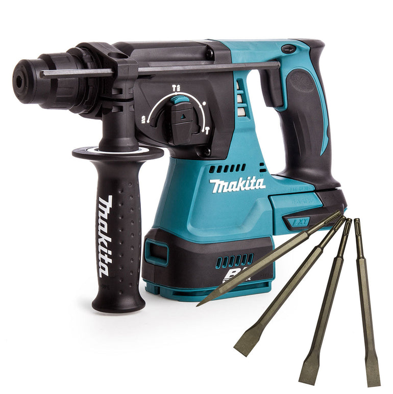 Makita DHR242Z 18V SDS+ Brushless 24mm Rotary Hammer Drill & 4 Piece Chisel Set