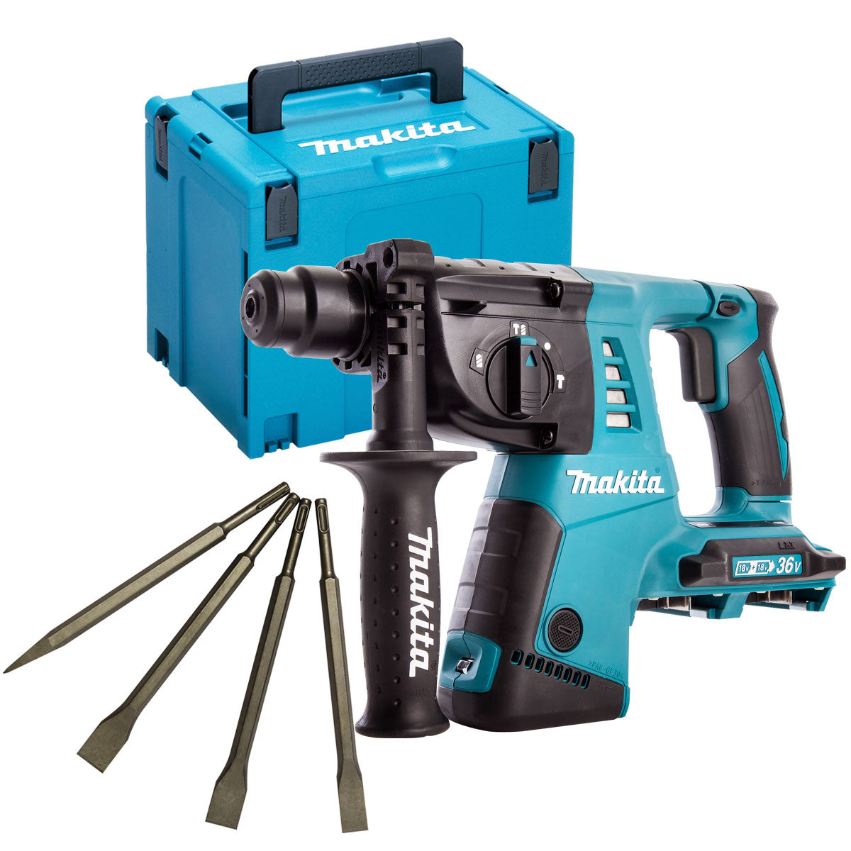 Makita DHR263ZJ 36V SDS+ Rotary Hammer Drill with 4 Piece Chisel Set