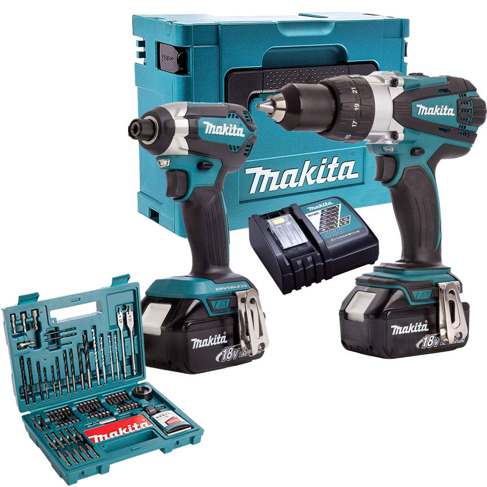 Makita MT5853TJ 18V Twin Pack 2 x 5Ah Batteries Charger & 100 Piece Drill Set