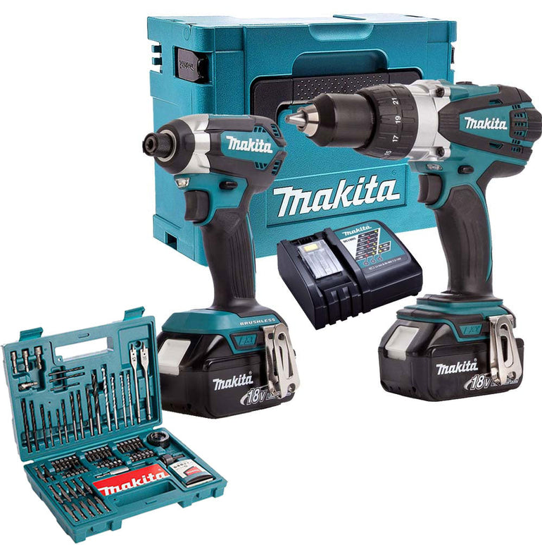 Makita MT5853TJ 18V Twin Pack 2 x 5Ah Batteries Charger & 100 Piece Drill Set