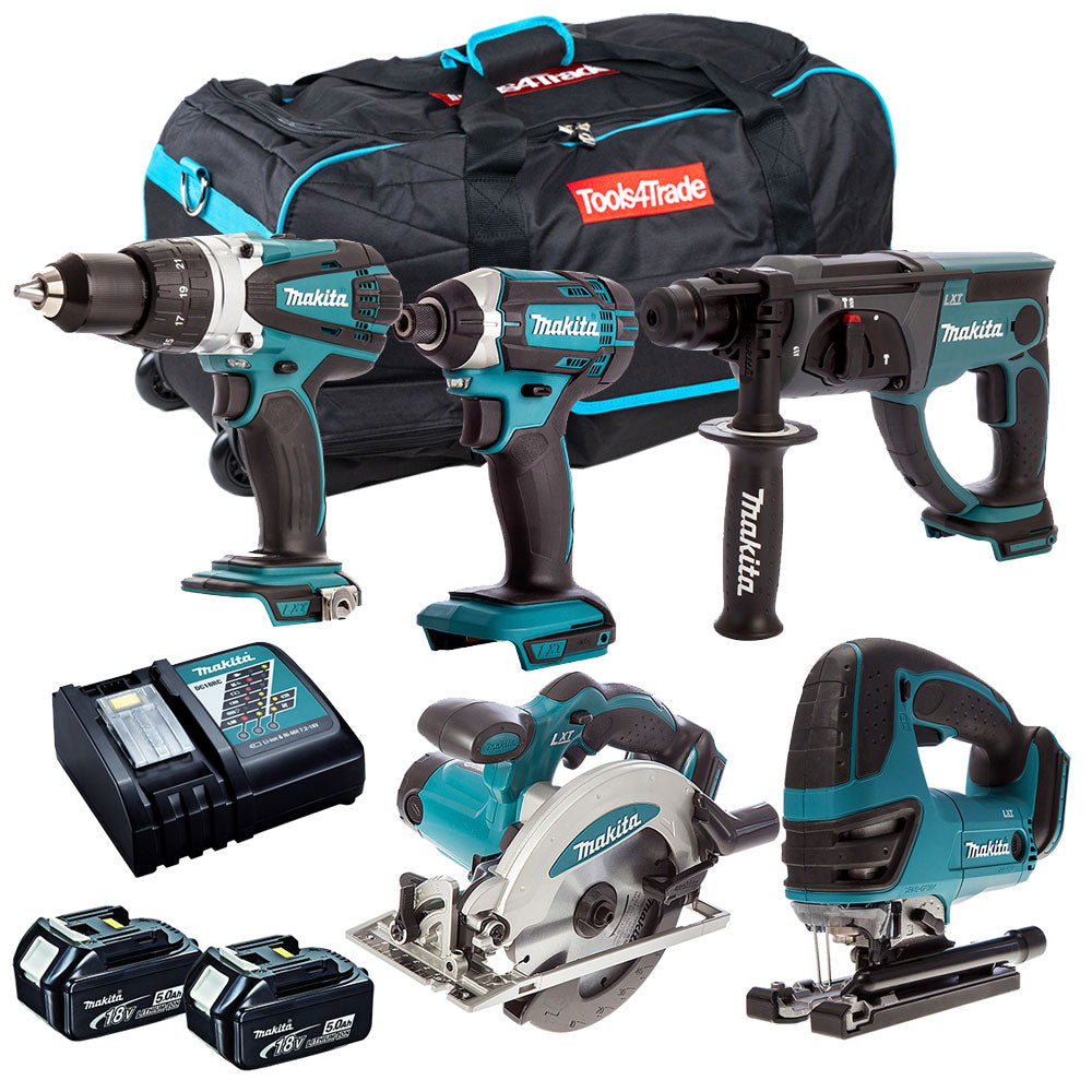 Makita 18V 5 Piece Cordless Power Tool Kit with 2 x 5.0Ah Battery Charger & Bag T4TKIT-12874