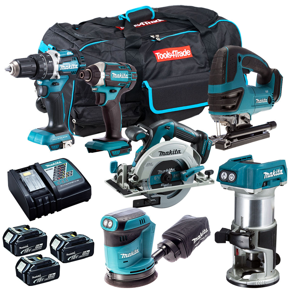 Makita 18V 6 Piece Cordless Power Tool Kit with 3 x 5.0Ah Battery Charger & bag T4TKIT-12878