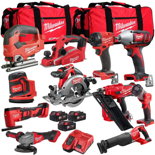 Milwaukee 18V Cordless 11 Piece Tool Kit with 3 x 5.0Ah Batteries & Smart Charger in Bag