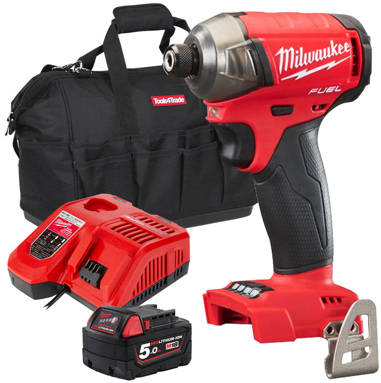 Milwaukee M18FQID-0 18V Brushless Hydraulic Impact Driver with 1 x 5.0Ah Battery Charger & Bag