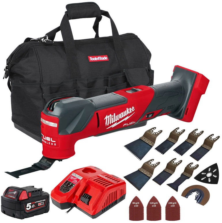 Milwaukee M18FMT-0 18V Oscillating Multi-Tool 1 x 5.0Ah Battery Charger & 39 Piece Accessories Set