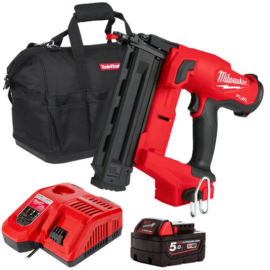 Milwaukee M18FN18GS 18V Fuel Brushless Second Fix Finish Nailer with 1 x 5.0Ah Battery, Charger & Bag