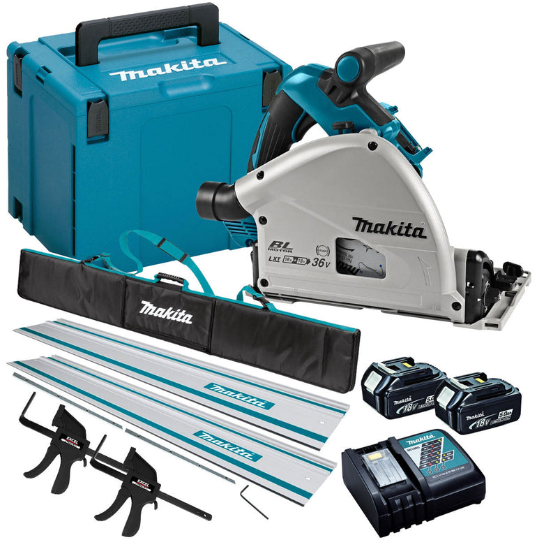 Makita DSP601ZJU 36V Brushless AWS Plunge Saw Set 2 x 5.0Ah Batteries & Accessories