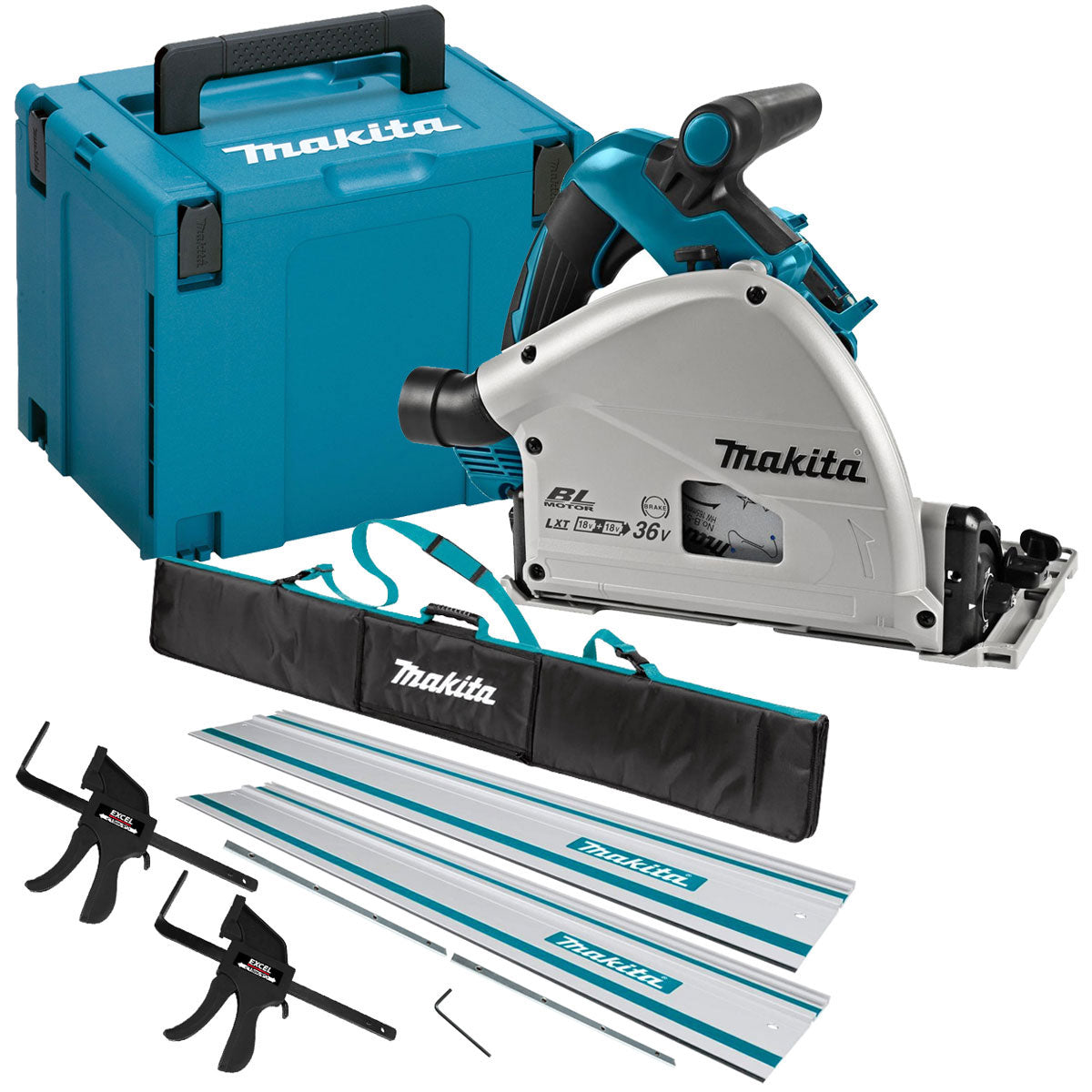 Makita DSP601ZJU 36V Brushless AWS Plunge Saw with 2 x Guide Rail, Clamp, Bag & Case