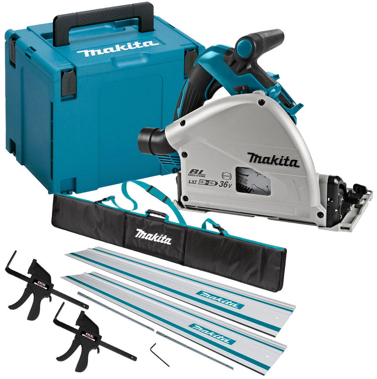 Makita DSP601ZJU 36V Brushless AWS Plunge Saw with 2 x Guide Rail, Clamp, Bag & Case