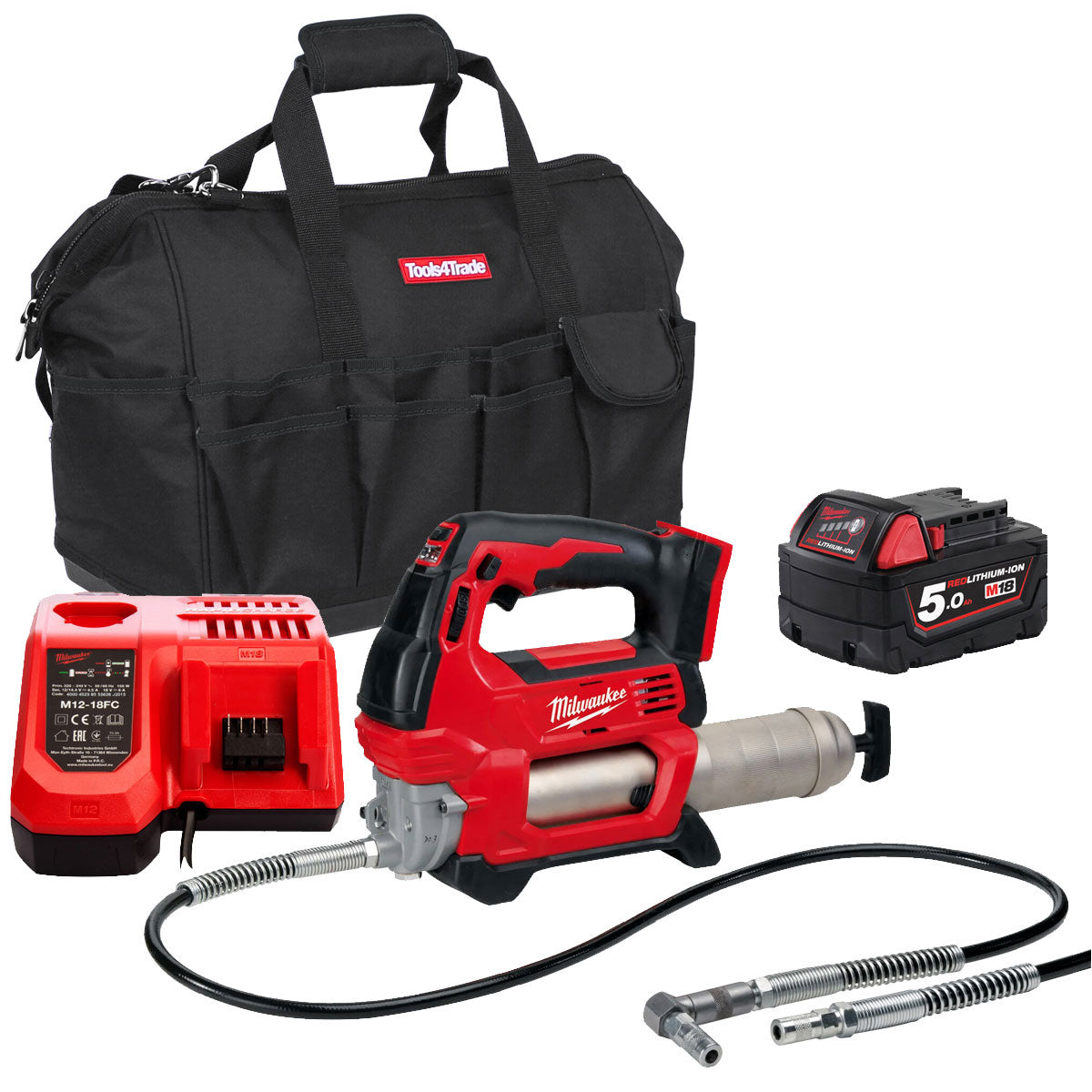 Milwaukee M18GG-0 18V M18 Grease Gun with 1 x 5.0Ah Battery Charger & Bag