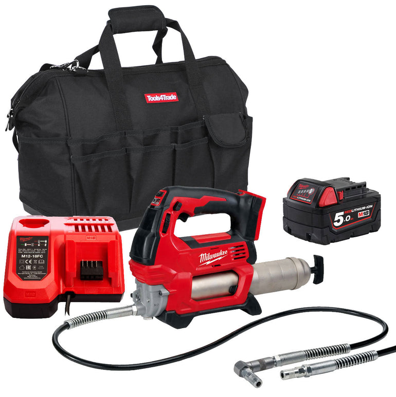 Milwaukee M18GG-0 18V M18 Grease Gun with 1 x 5.0Ah Battery Charger & Bag