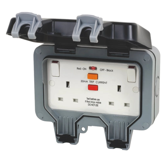 BRITISH GENERAL IP66 13A 2-GANG SP WEATHERPROOF OUTDOOR SWITCHED PASSIVE RCD SOCKET (91095)