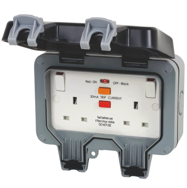 BRITISH GENERAL IP66 13A 2-GANG SP WEATHERPROOF OUTDOOR SWITCHED PASSIVE RCD SOCKET