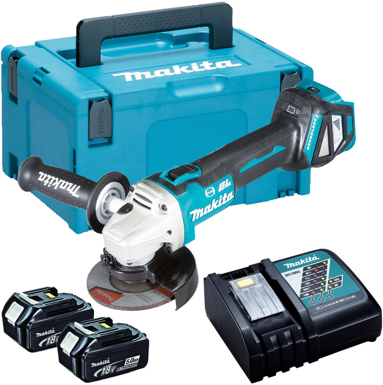 Makita DGA513Z 18V Brushless 125mm Angle Grinder with 2 x 5.0Ah Batteries & Charger in Case