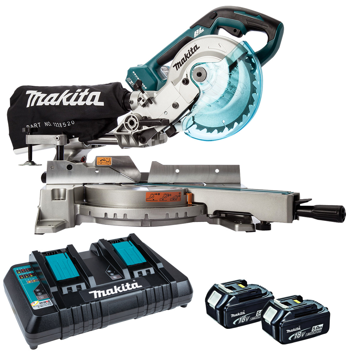 Makita DLS714NZ 36V LXT Brushless 190mm Slide Mitre Saw With 2 x 5.0Ah Batteries & Twin Port Charger